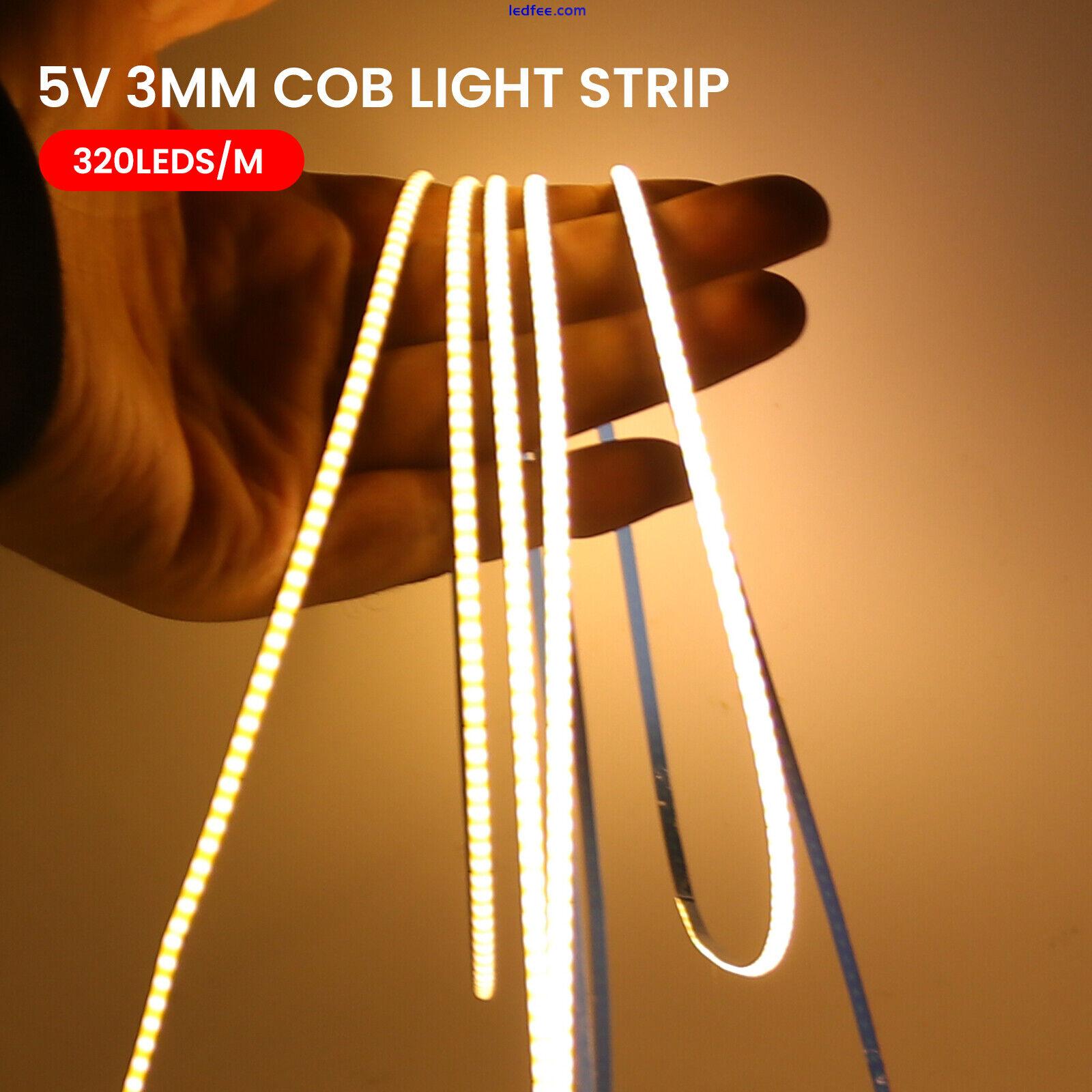 Ultra Thin COB LED Strip 5V 3mm Width Flexible Tape Light 320LED/m Self Adhesive 0 