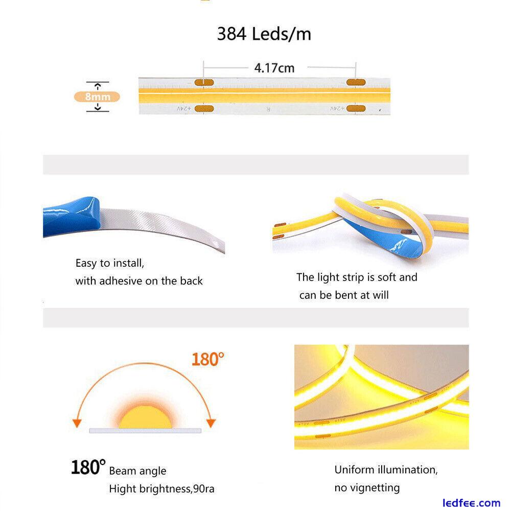 COB LED Dimmable Strip Light 8mm 480led/m High Density DC 12V 24V Flexible lamp 5 