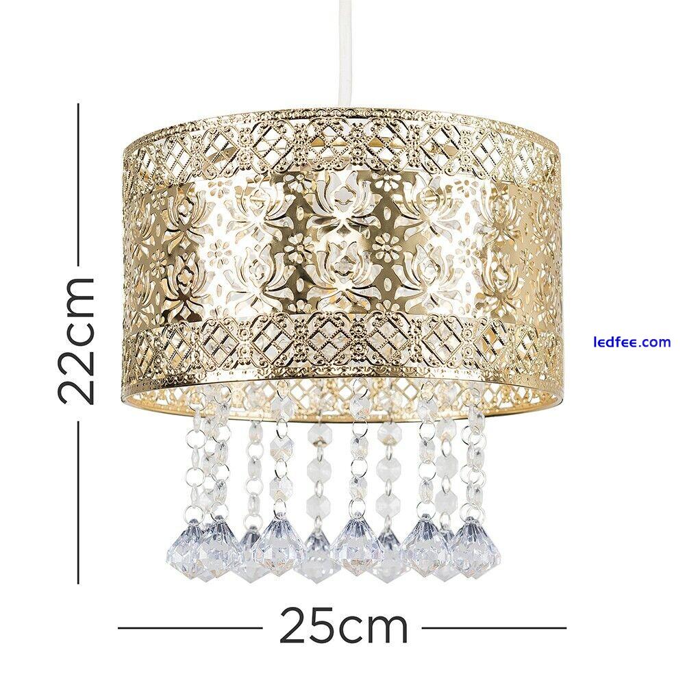 Gold Ceiling Light Shade Pendant Drum Lampshade Jewel Droplets LED Bulb Lighting 2 