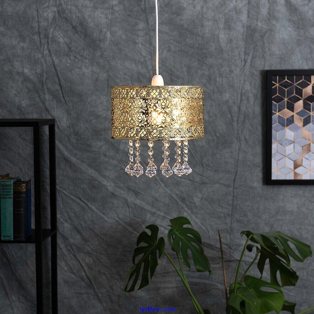 Gold Ceiling Light Shade Pendant Drum Lampshade Jewel Droplets LED Bulb Lighting 5 