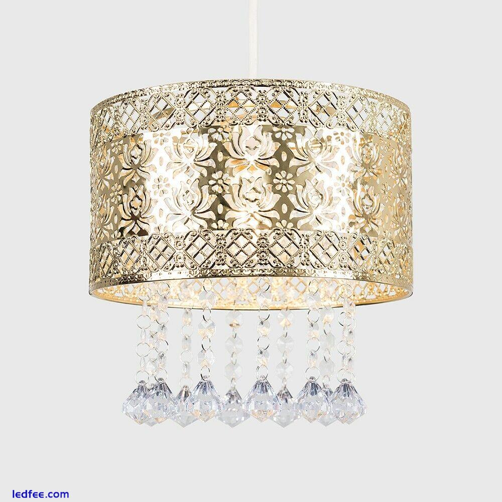 Gold Ceiling Light Shade Pendant Drum Lampshade Jewel Droplets LED Bulb Lighting 0 