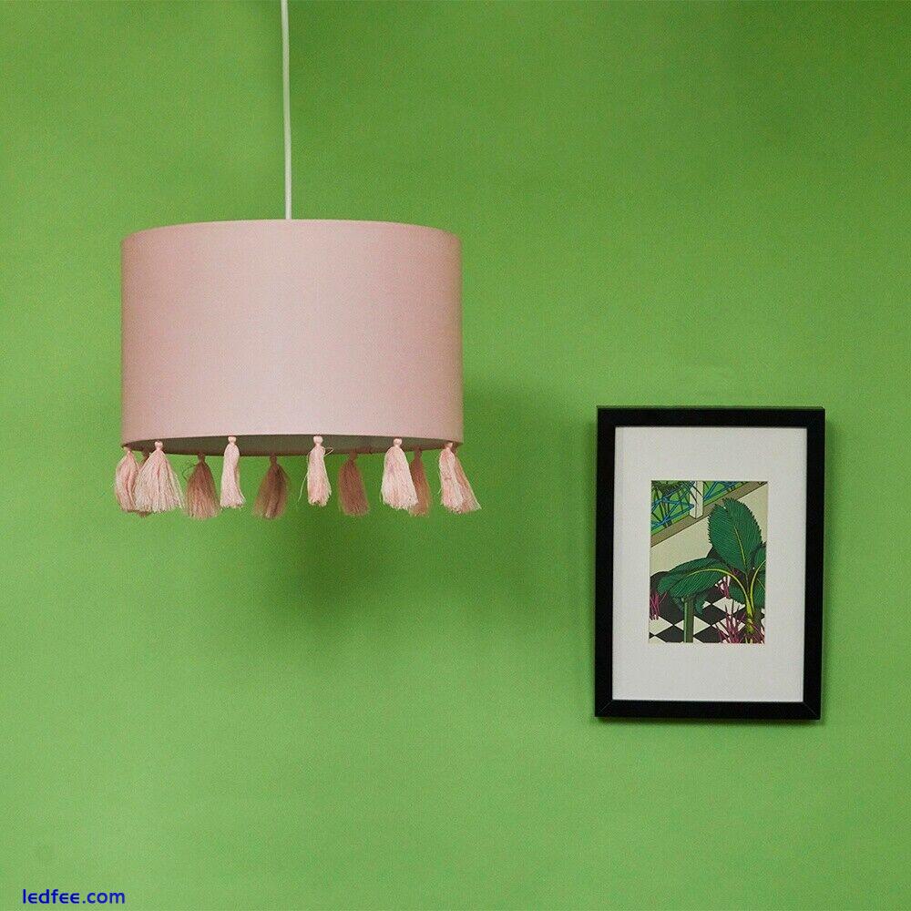 Drum Ceiling Light Shade Tassel Pink Fabric Pendant Bedroom Lampshade LED Bulb 3 