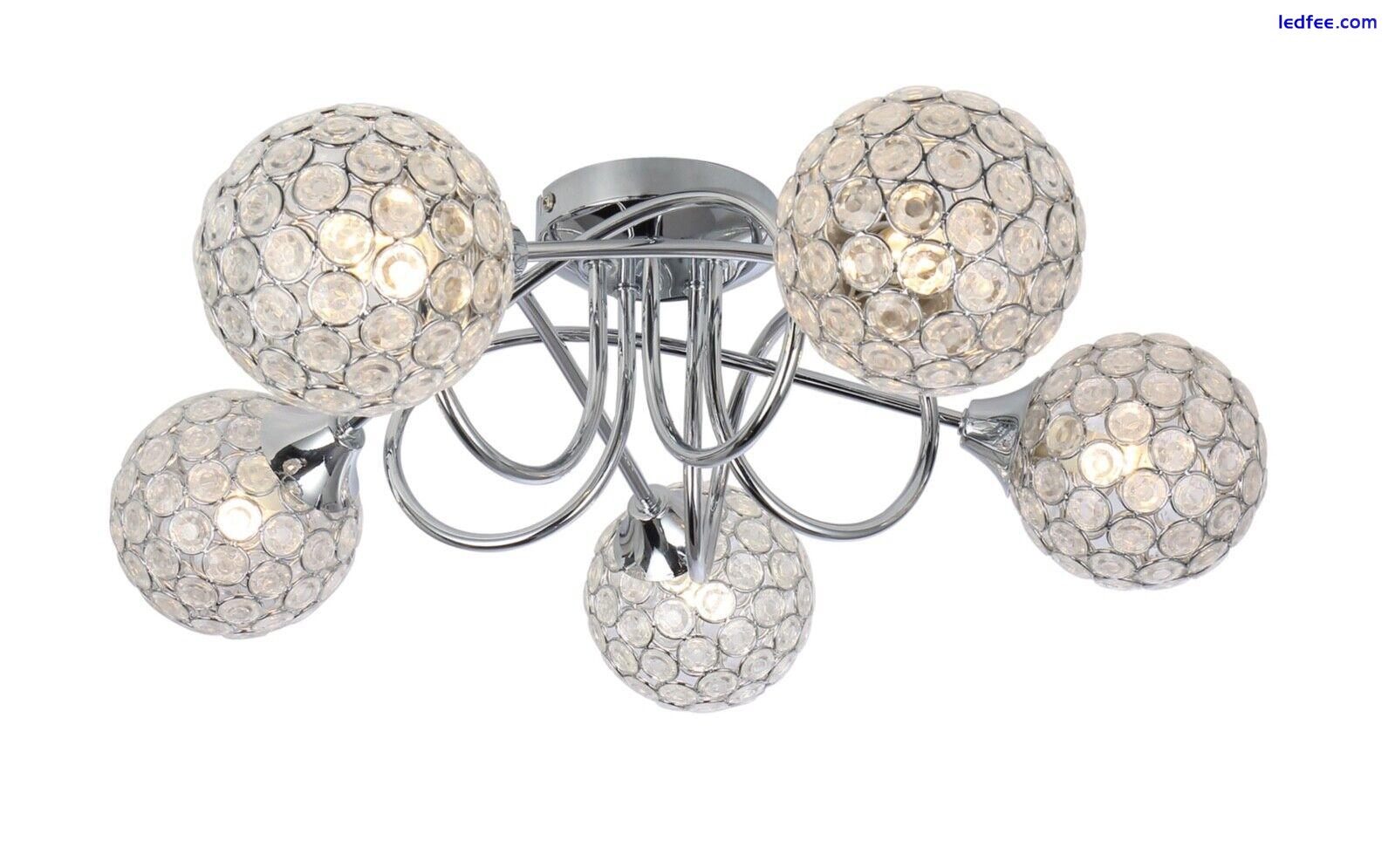 Modern 5 Way Flush Ceiling Light Round Ball Jewel Shade Chrome Satin LED Fixture 2 