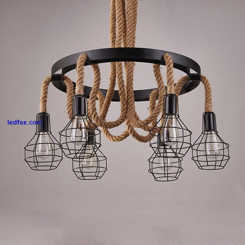 Vintage Loft Hemp Rope Hanging Black Metal Cage 6 Bulbs Ceiling Pendant Lights  5 