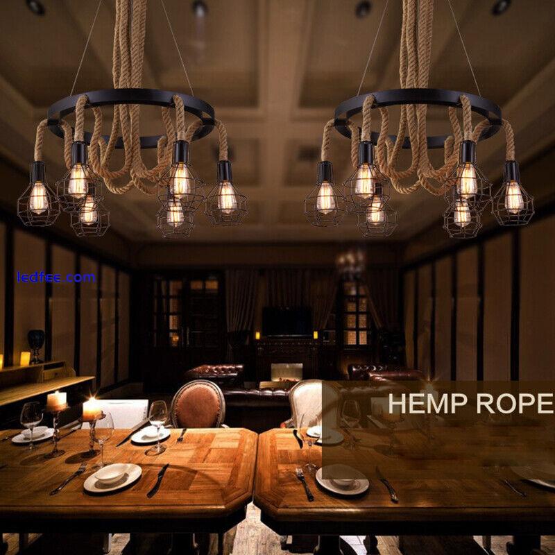 Vintage Loft Hemp Rope Hanging Black Metal Cage 6 Bulbs Ceiling Pendant Lights  2 