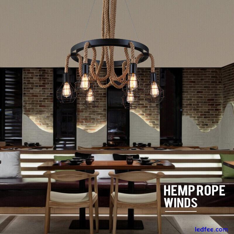 Vintage Loft Hemp Rope Hanging Black Metal Cage 6 Bulbs Ceiling Pendant Lights  0 