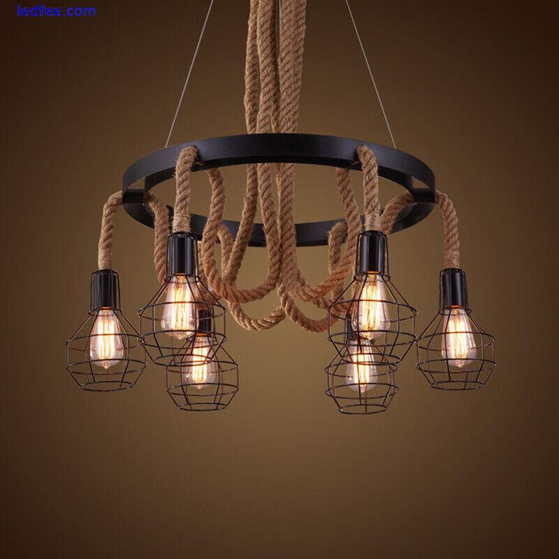 Vintage Loft Hemp Rope Hanging Black Metal Cage 6 Bulbs Ceiling Pendant Lights  4 