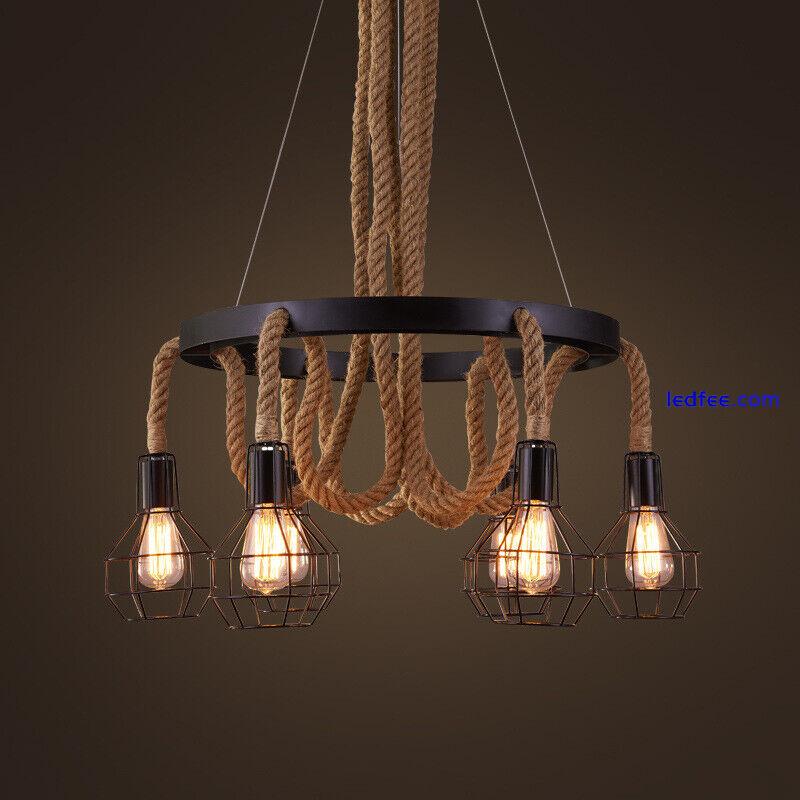 Vintage Loft Hemp Rope Hanging Black Metal Cage 6 Bulbs Ceiling Pendant Lights  3 