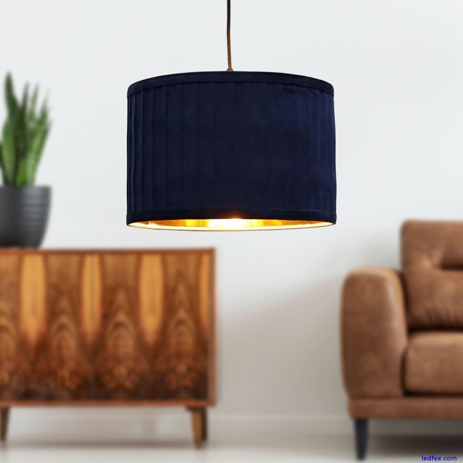 Set of 2 Navy Blue Pleat Velvet Gold Inner 30cm Ceiling Pendant Lightshades Lamp 5 