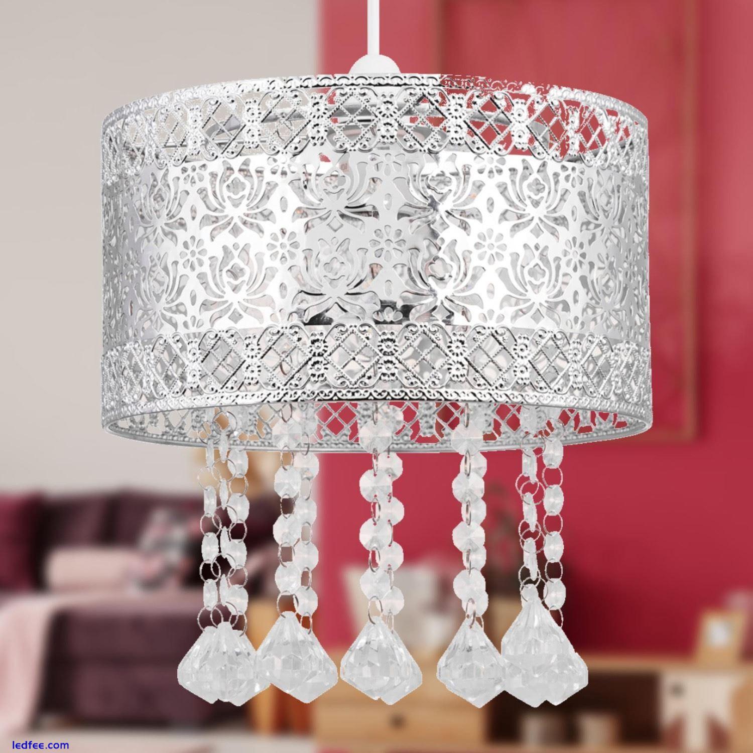 Modern Pair of Chrome Metal Jewelled Easy Fit Ceiling Light Shade Chandeliers 2 