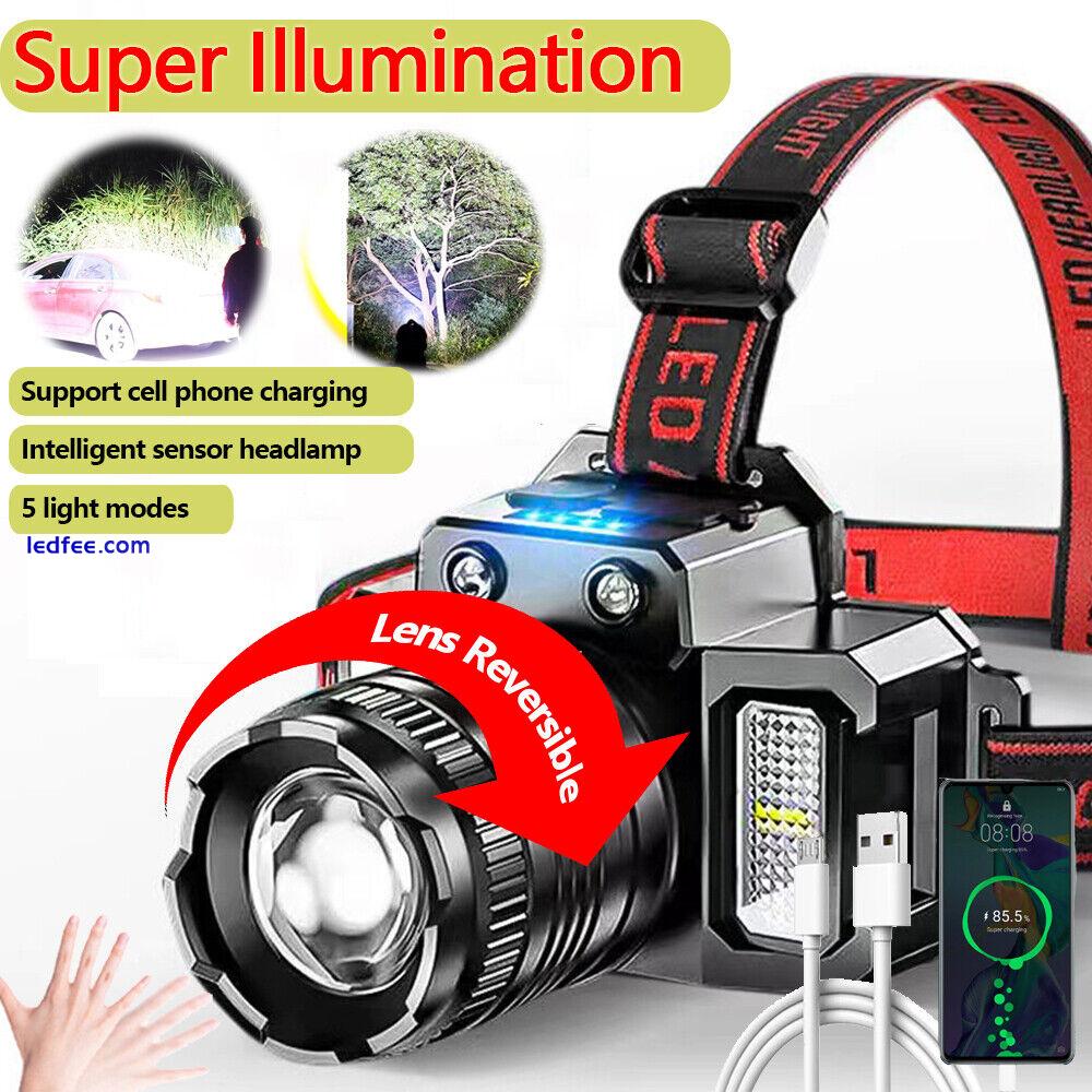 1/2x Sensor LED Head Torch Headlamp Headlight Zoom Flashlights USB Rechargeable 0 