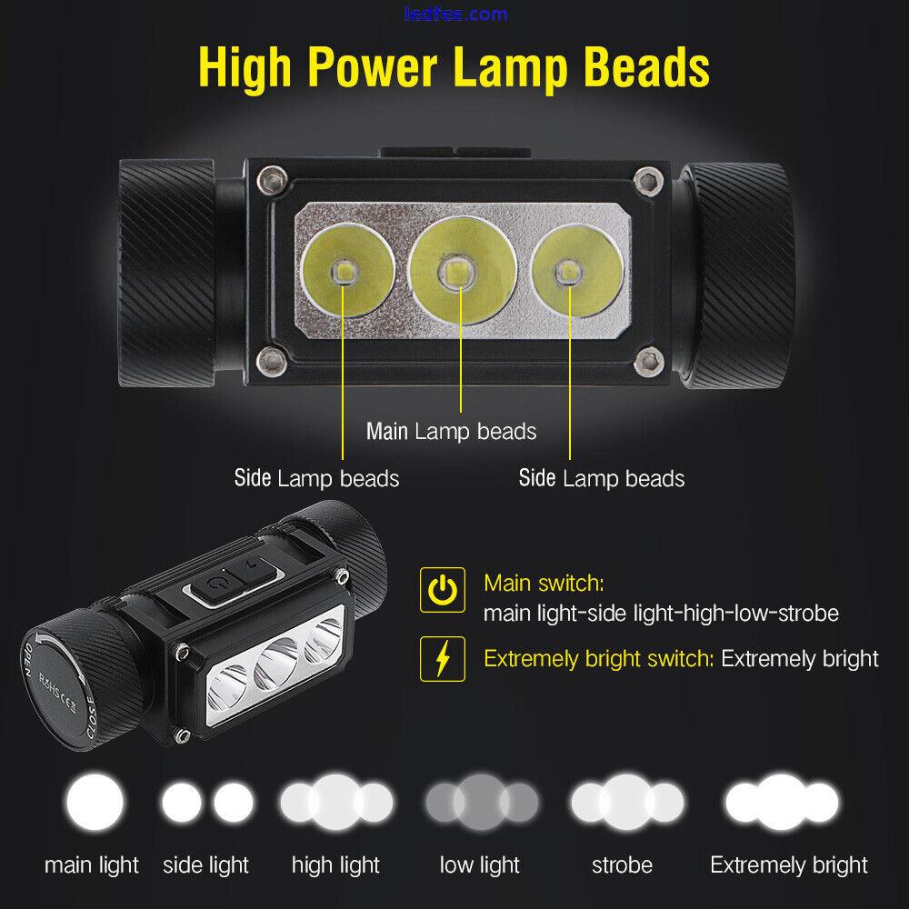 3 LED Head Torch Headlamp 6 Modes USB Rechargeable Headlight Lamp Light Camping 3 