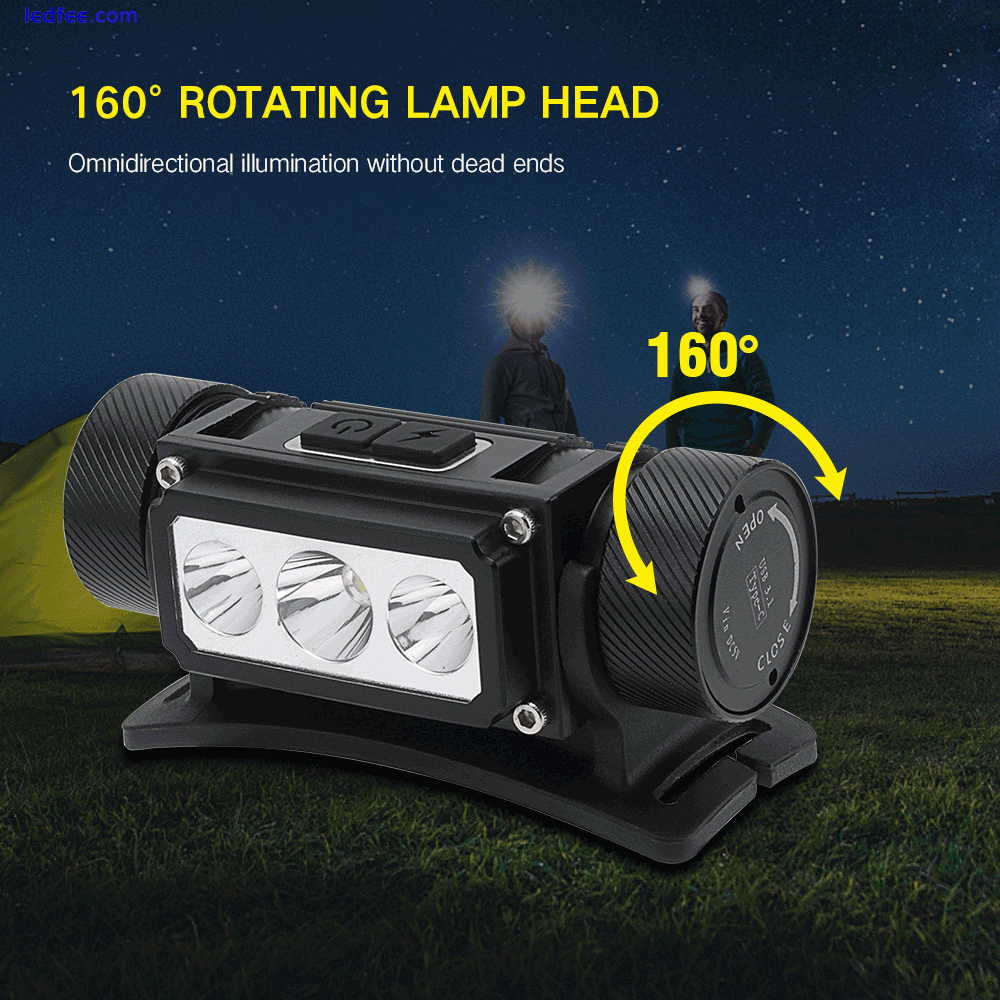 3 LED Head Torch Headlamp 6 Modes USB Rechargeable Headlight Lamp Light Camping 5 