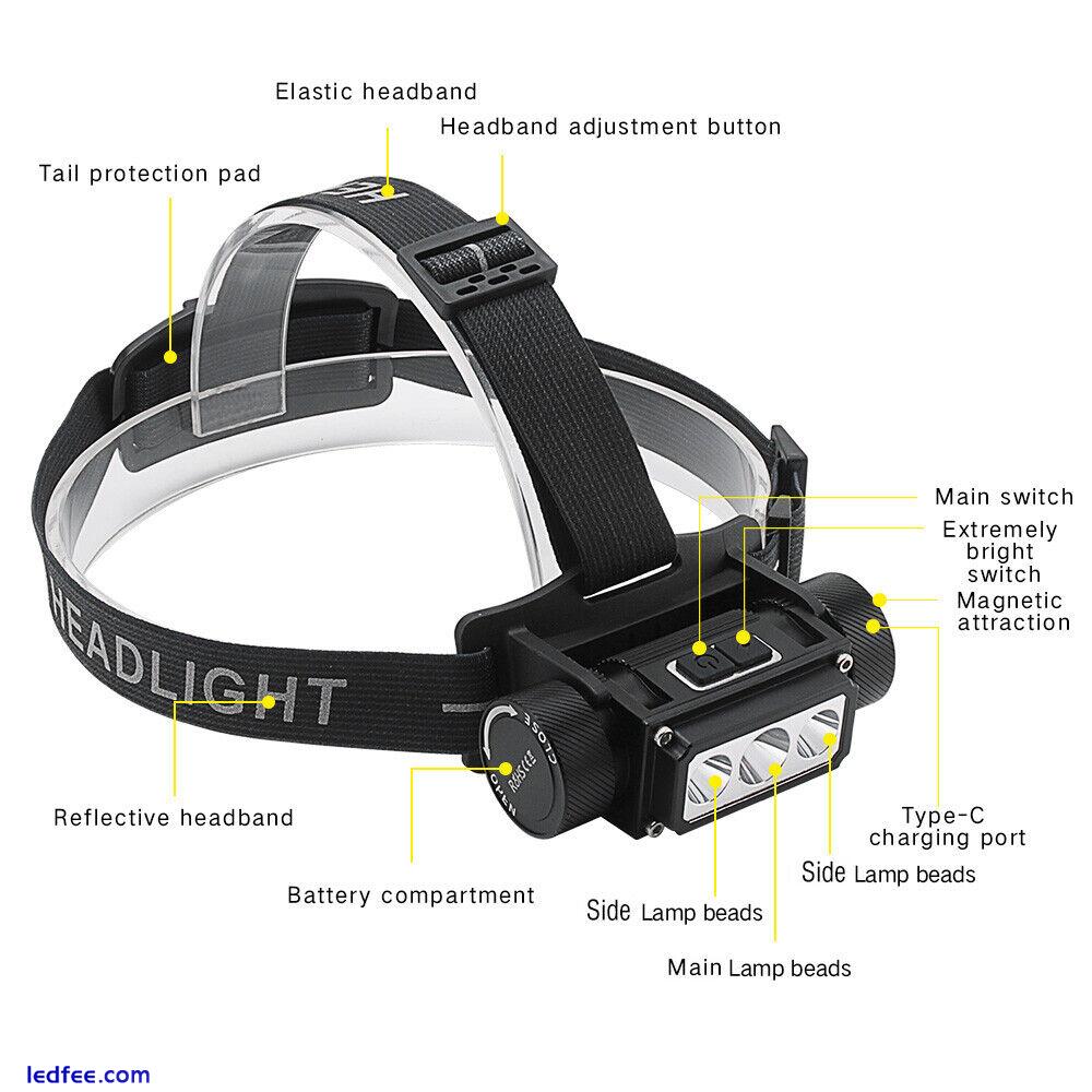 3 LED Head Torch Headlamp 6 Modes USB Rechargeable Headlight Lamp Light Camping 2 