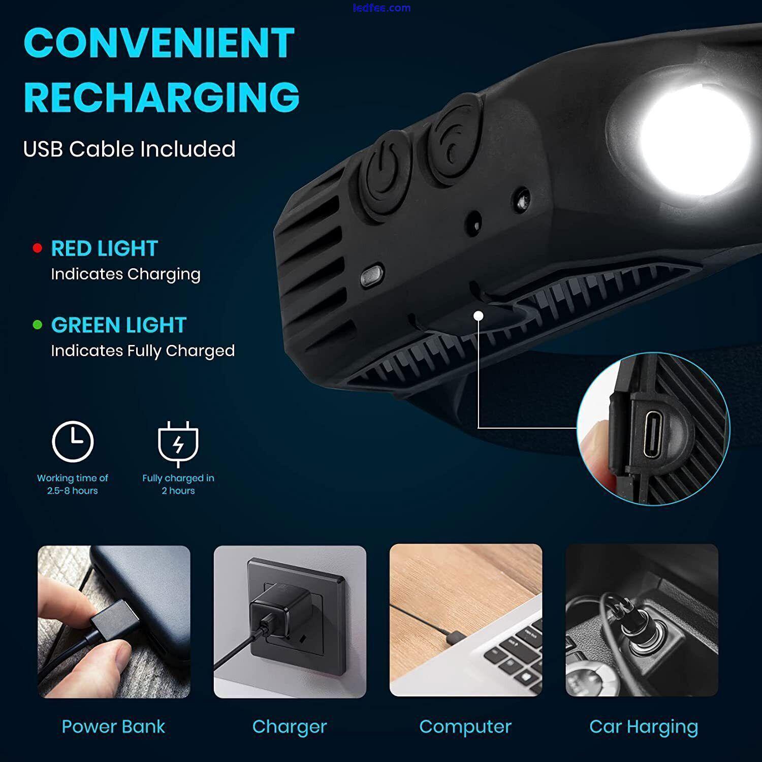 Waterproof Headlamp COB LED Motion Sensor Head Torch Headlight Night Buddy USB 3 