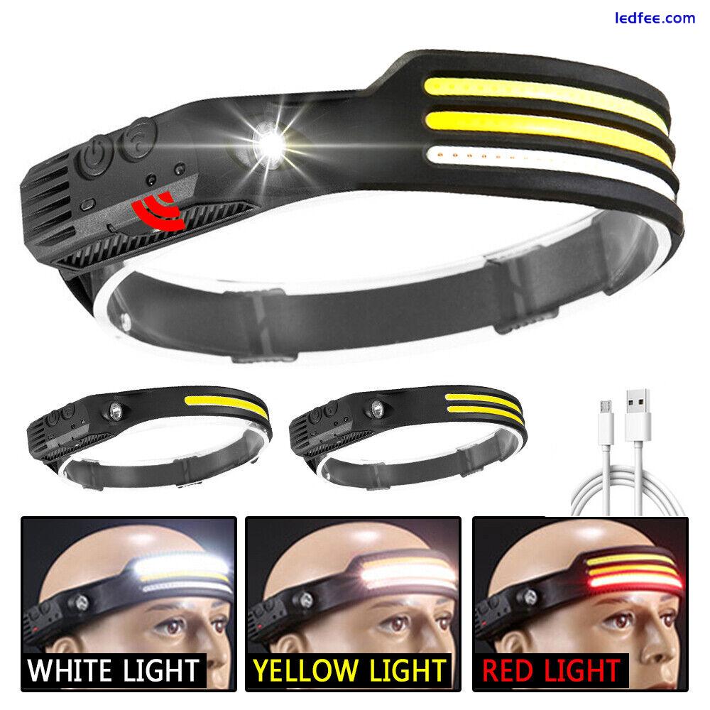 LED+COB Sensor Stirnlampe Scheinwerfer Kopflampe USB Wiederaufladbar Wasserdicht 0 