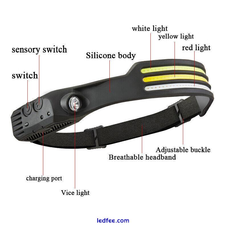 COB LED Headlamp USB Rechargeable Sensor Headlight Torch Work Head Band Bar Lamp 2 