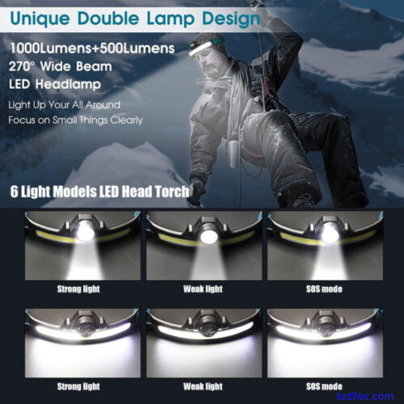 LED COB Headlamp USB Rechargeable Headlight Torch Work Light Bar Head Band Lamp 1 