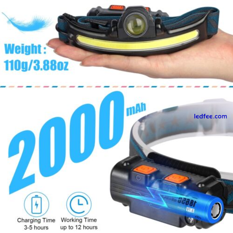 LED COB Headlamp USB Rechargeable Headlight Torch Work Light Bar Head Band Lamp 4 