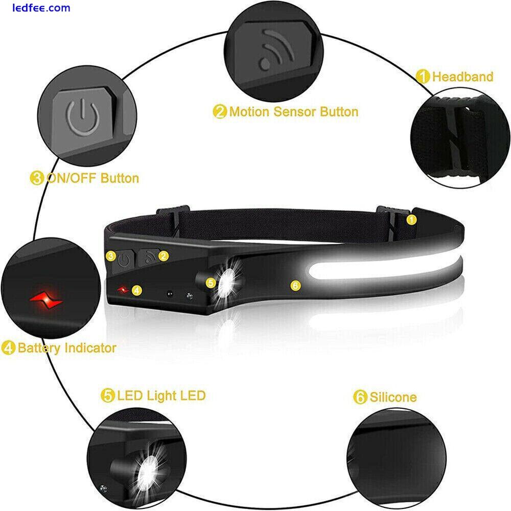 Waterproof COB Headlamp LED Motion Sensor Head Torch Headlight USB Rechargeable 5 