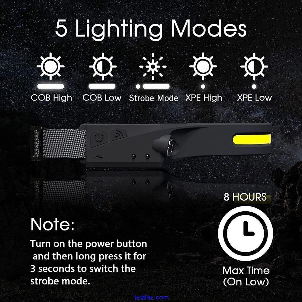 Waterproof COB Headlamp LED Motion Sensor Head Torch Headlight USB Rechargeable 4 