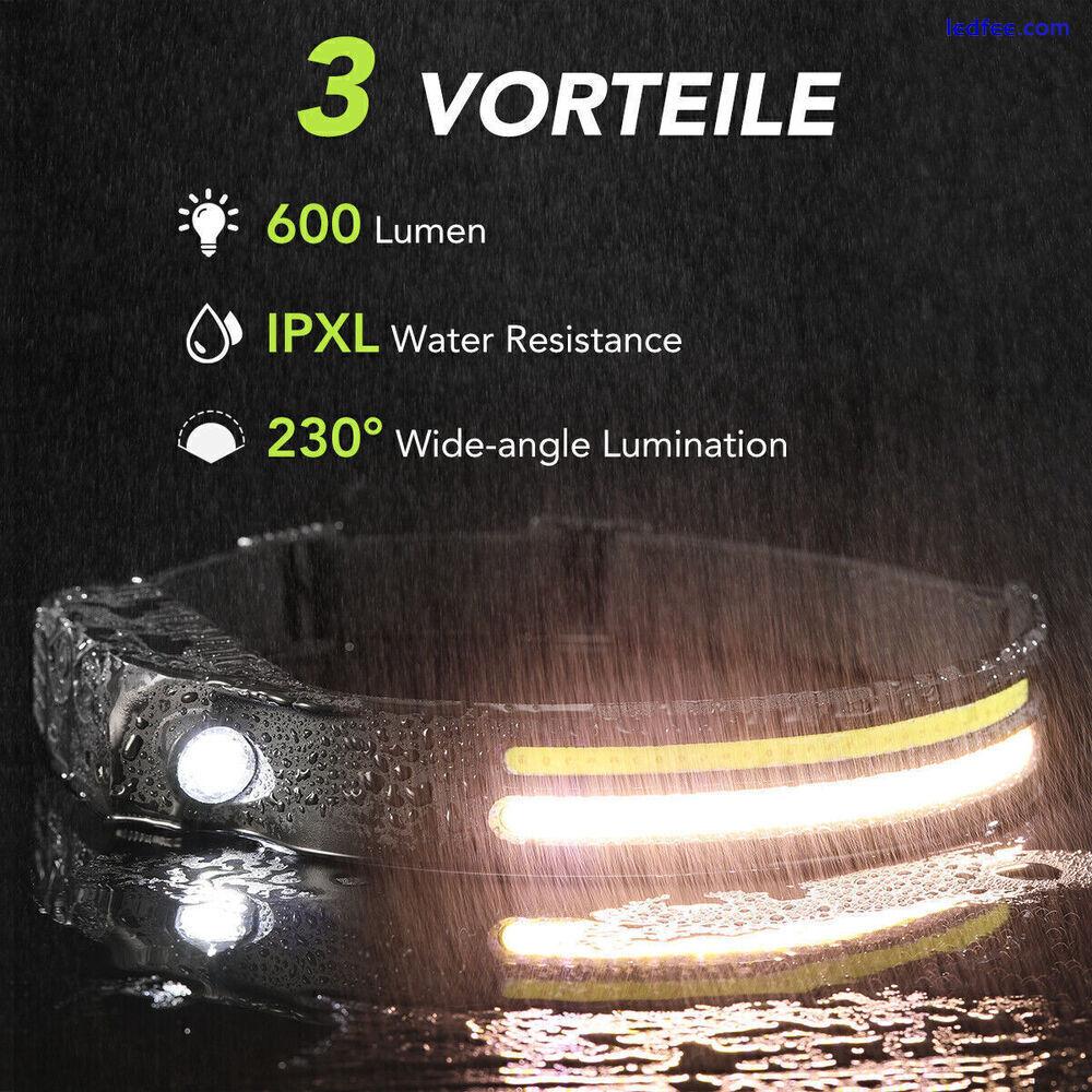 Waterproof COB Headlamp LED Motion Sensor Head Torch Headlight USB Rechargeable 3 