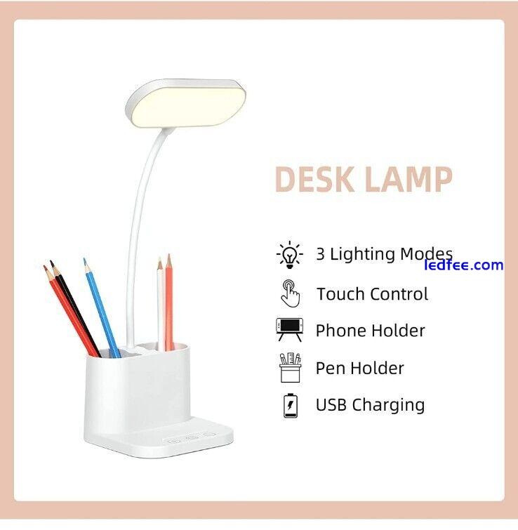 LED Desk Lamp Eye-Caring Table Night Light USB Phone & Dual Pen Holder White 0 