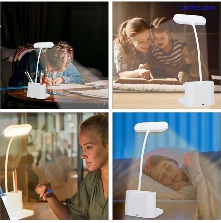 LED Desk Lamp Eye-Caring Table Night Light USB Phone & Dual Pen Holder White 5 