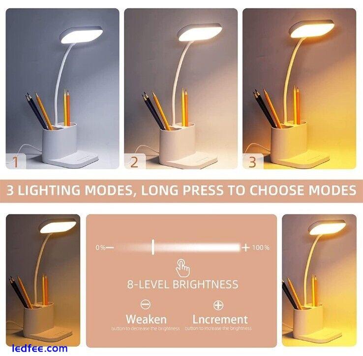 LED Desk Lamp Eye-Caring Table Night Light USB Phone & Dual Pen Holder White 1 