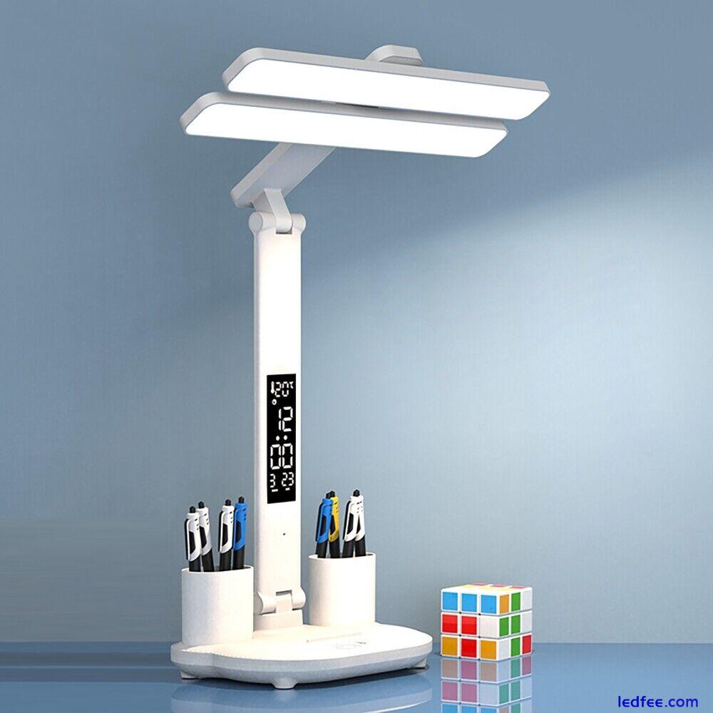 LED Clock Table Lamp Dimmable Desk Reading Light 2 Head 180 Rotate Foldable USB 0 