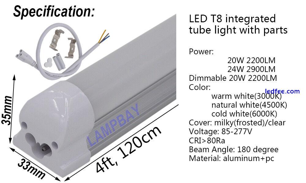 2-50/pack Dimmable LED Tube Light 4ft,1.2m 20W 24W Bulb Integrated Lamp Fixture 0 