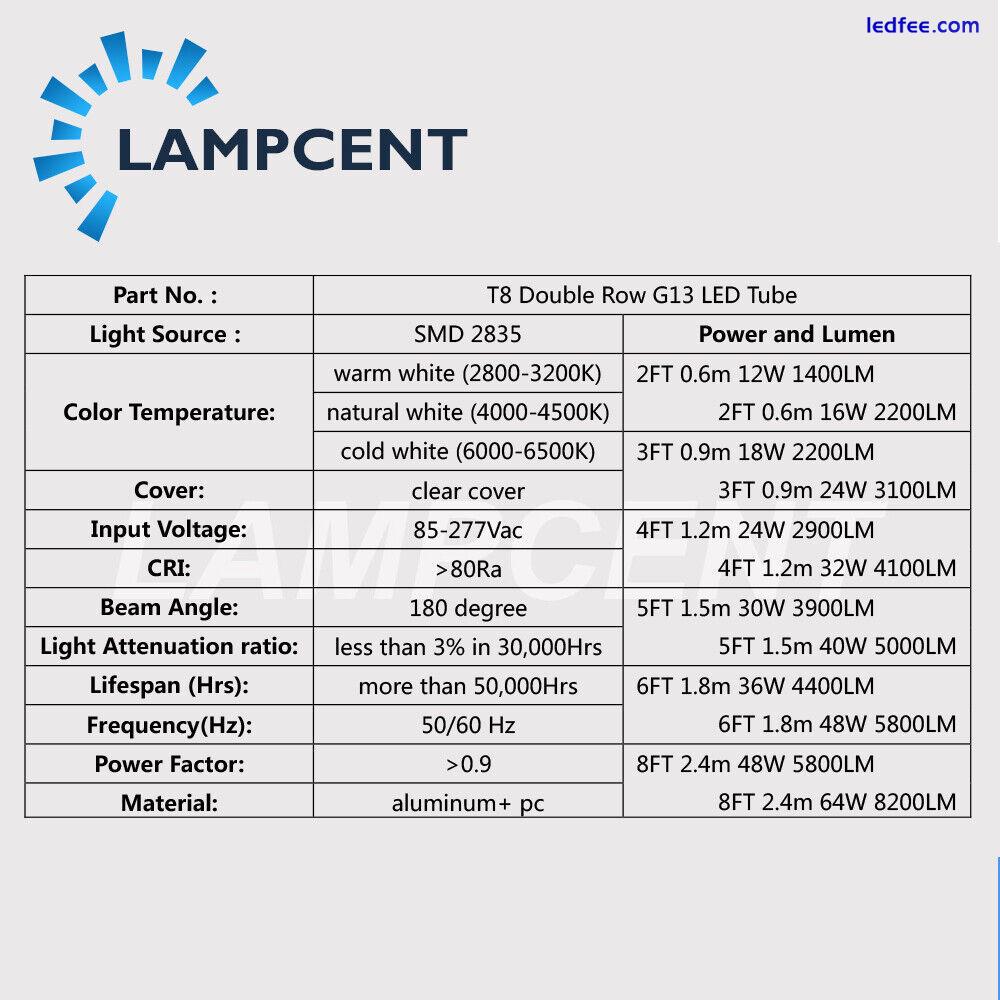4PCS/Pack T8 LED Tube 2,3,4,5,6FT 32W Double Row G13 Bi-Pin 6500K LED Shop Light 5 