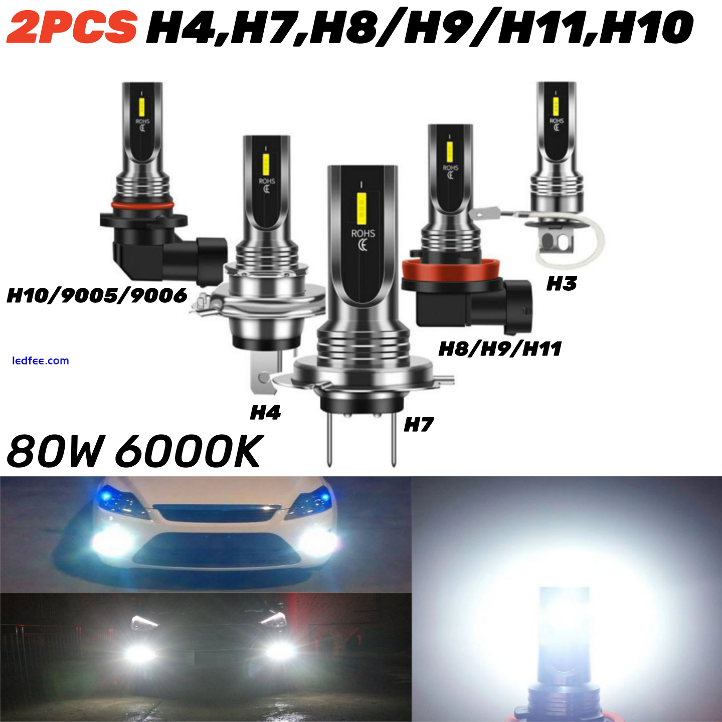 2Pcs H4 H7 H10 LED Headlight Bulbs Kit High Low Beam Super Bright 6000K White 0 