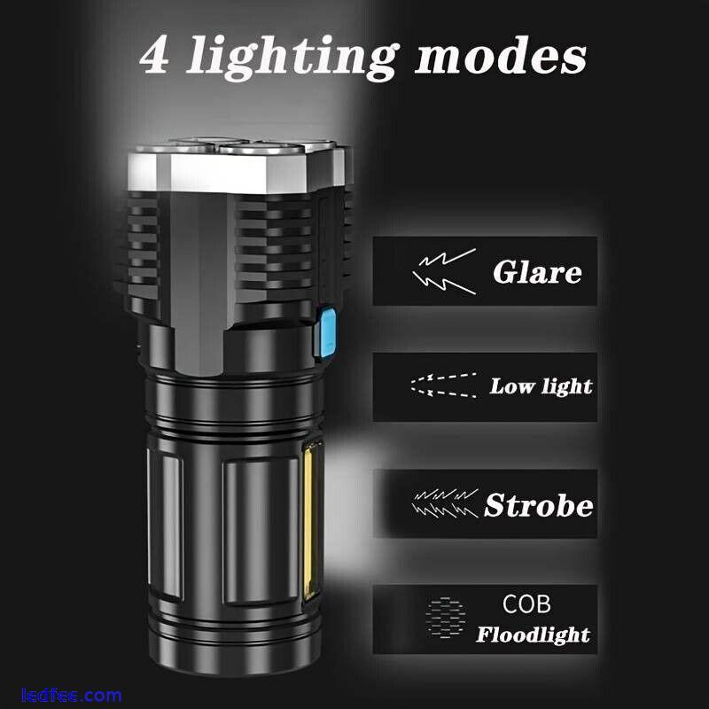 Outdoor Waterproof Strong Light Flashlight, 4 Four Lights, rechargeable UK STOCK 2 