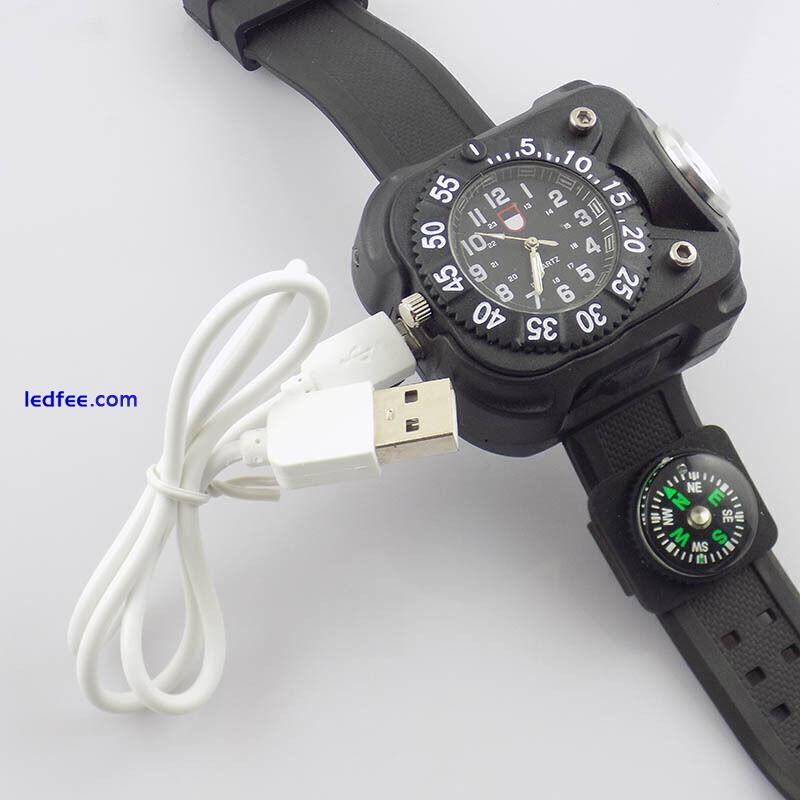 Military Tactical LED Flashlight Torch Wrist Watch Compass USB Rechargeable 4 