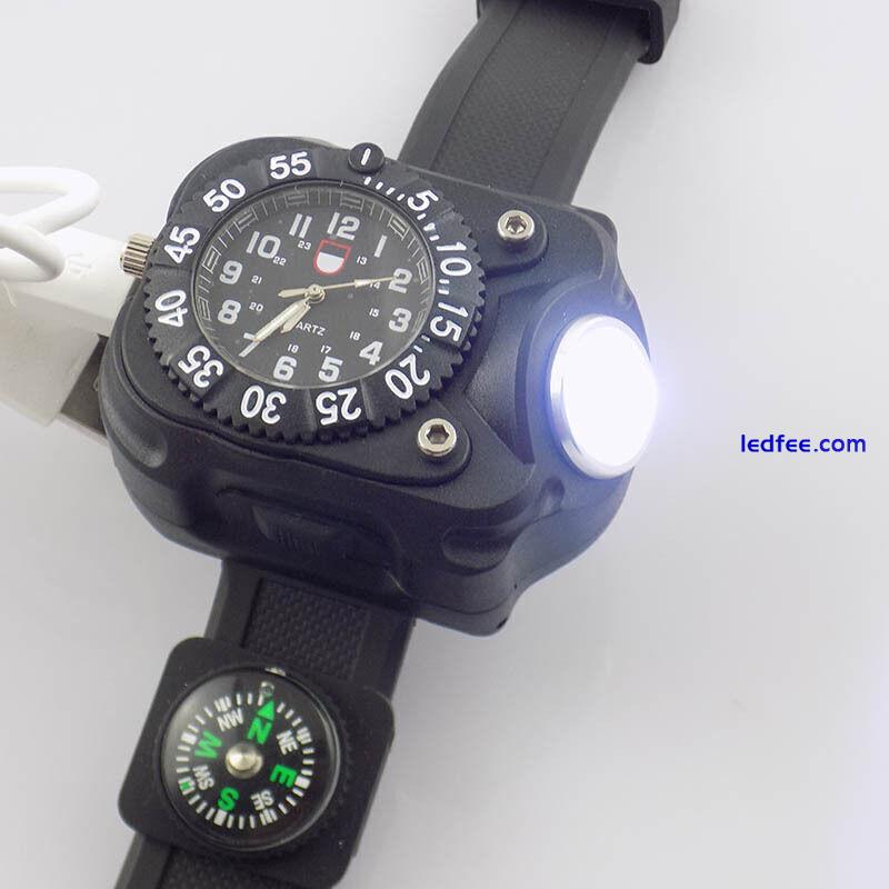 Military Tactical LED Flashlight Torch Wrist Watch Compass USB Rechargeable 3 