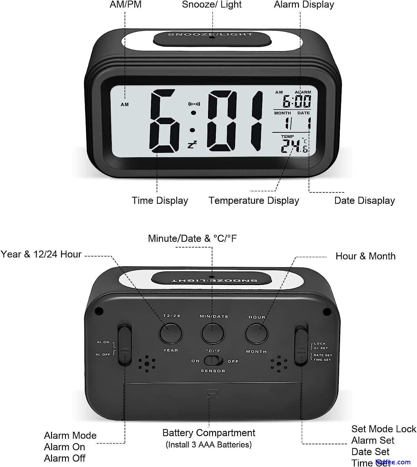 Alarm Clock Digital Alarm Clock LED Time Temperature Loud Calendar Black 3 