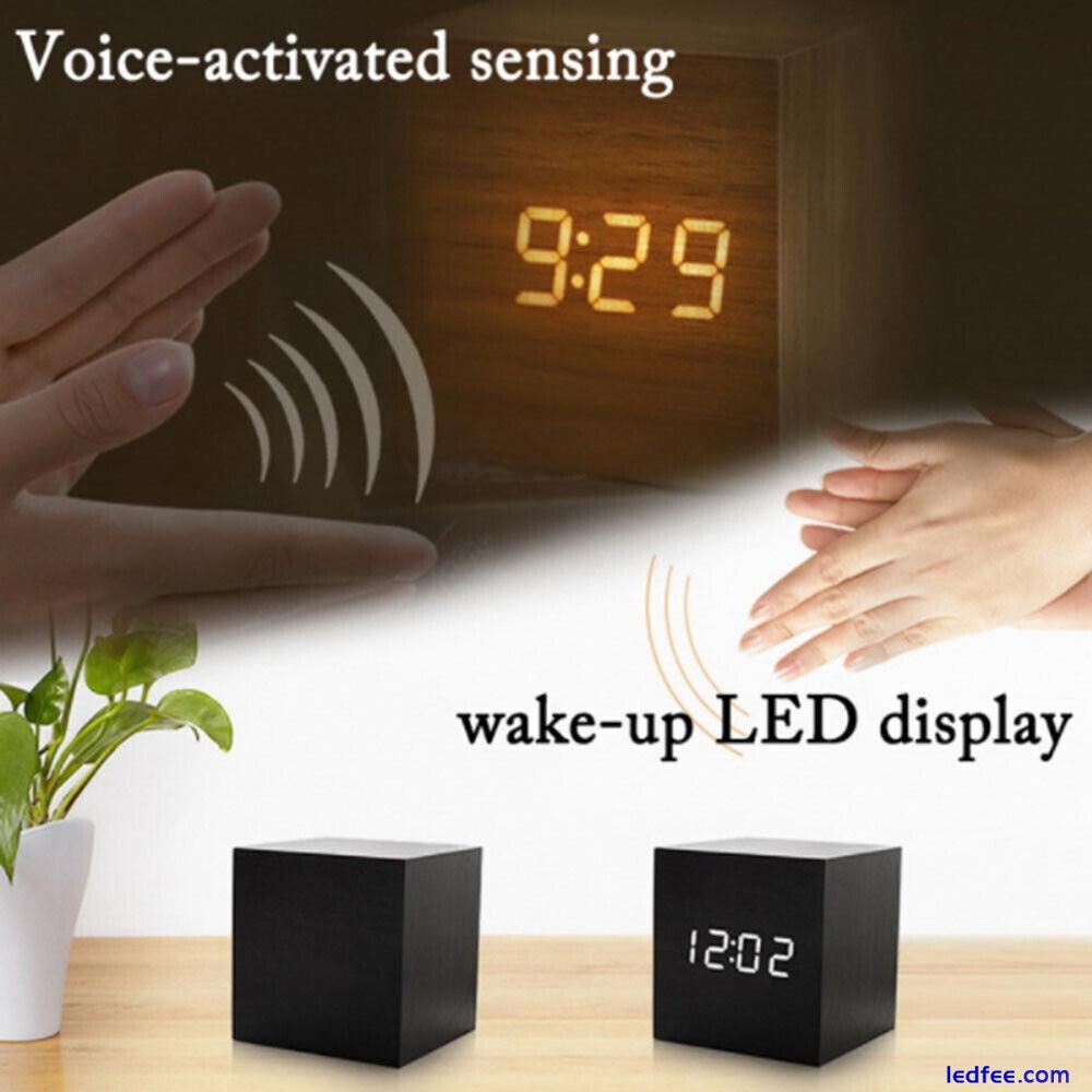 Digital Alarm Clock Wooden LED Temperature Electronic Voice Control Table Clocks 3 