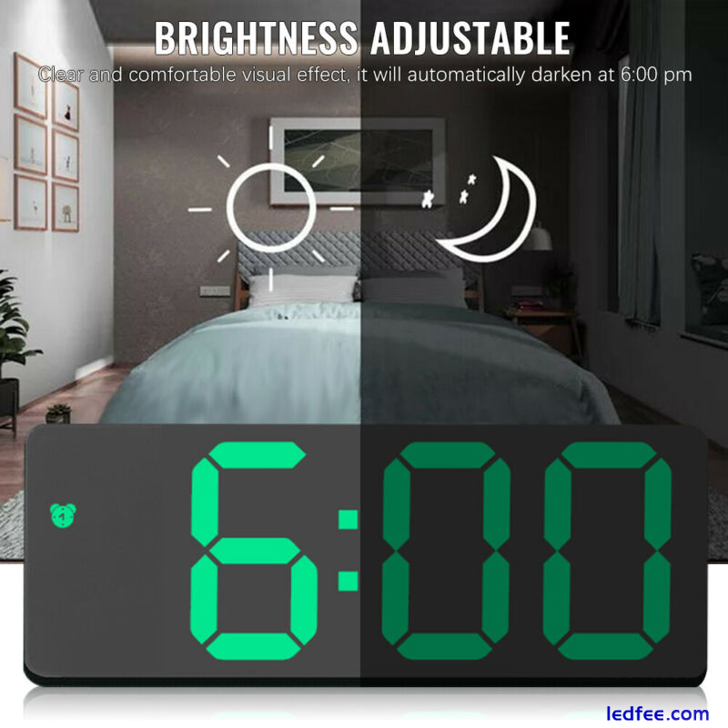 Mirror LED Alarm Clock Night Light Thermometer Digital Clock USB Charging Black 3 