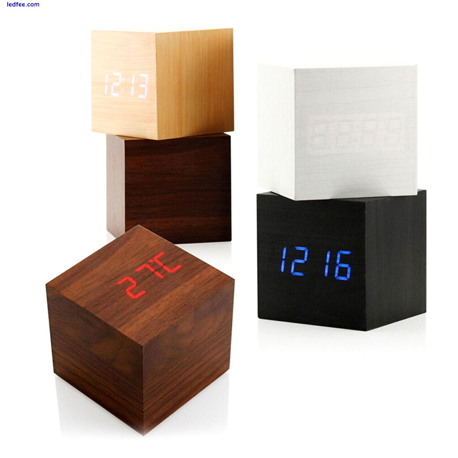 USB Cube Square Digital LED Alarm Clock Wooden Calendar Thermometer Home Decor 3 