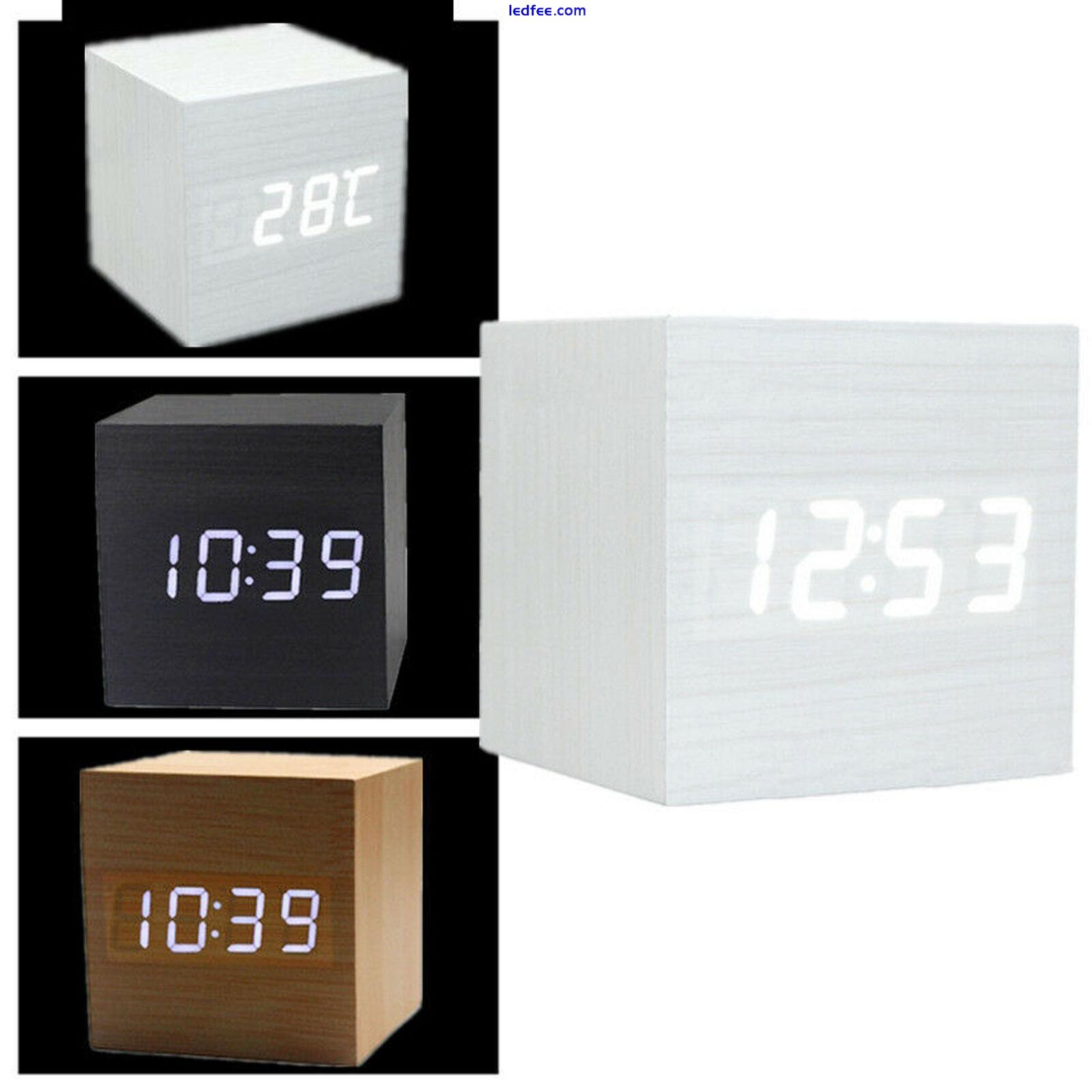 USB Cube Square Digital LED Alarm Clock Wooden Calendar Thermometer Home Decor 5 