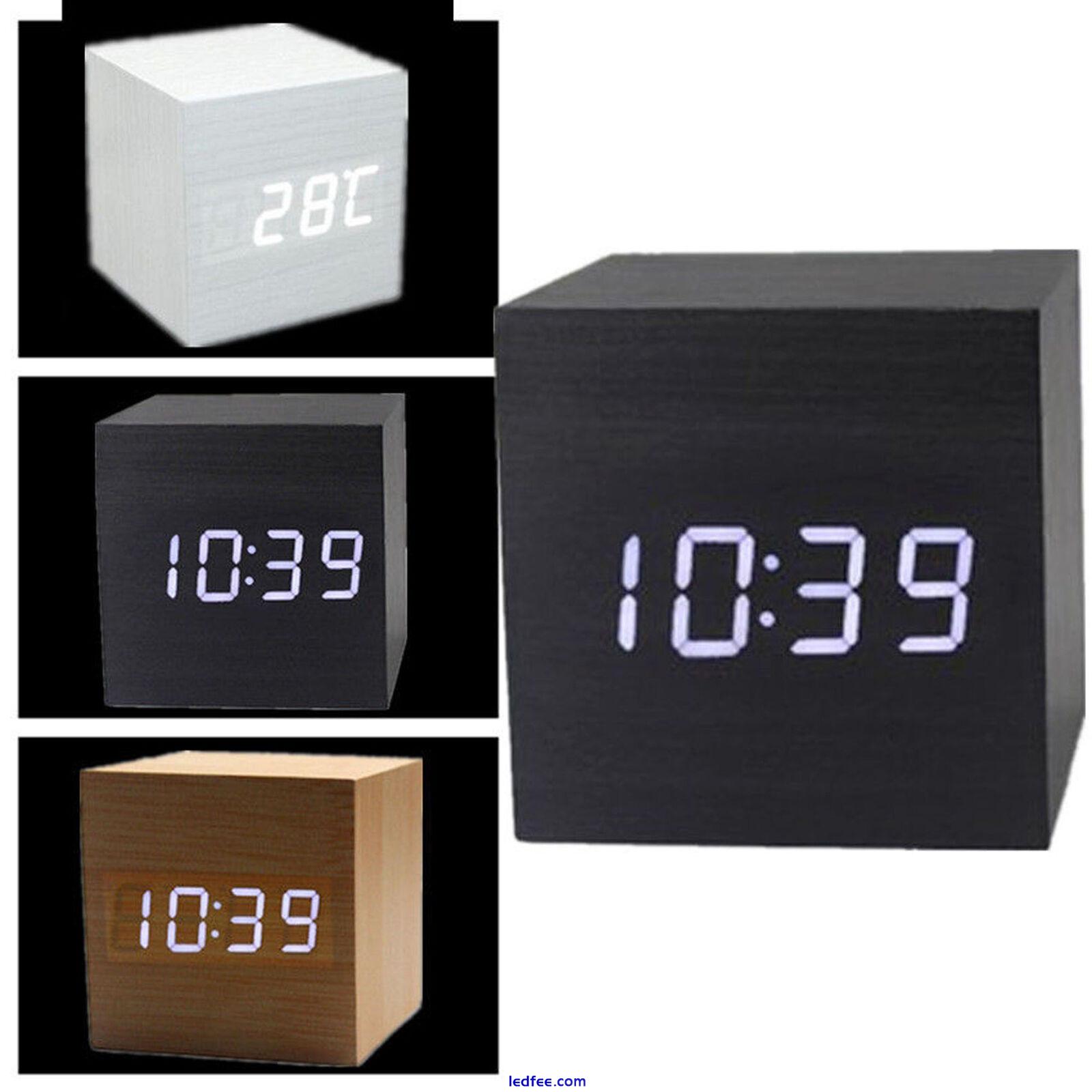 USB Cube Square Digital LED Alarm Clock Wooden Calendar Thermometer Home Decor 1 