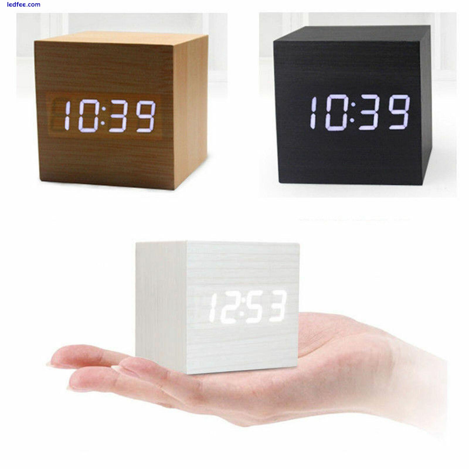 USB Cube Square Digital LED Alarm Clock Wooden Calendar Thermometer Home Decor 4 