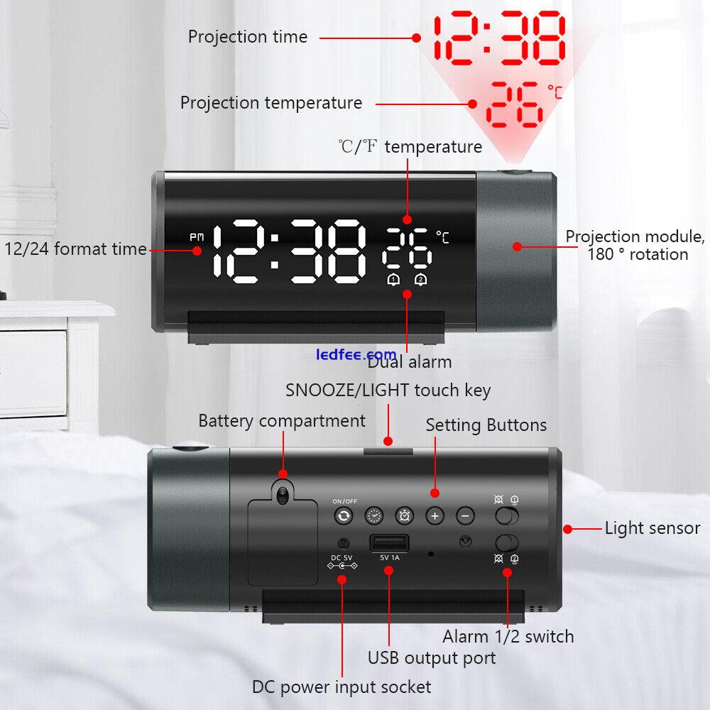 180° LED Digital Projection Snooze Dual Alarm Clock Timer USB w/Temperature 1 