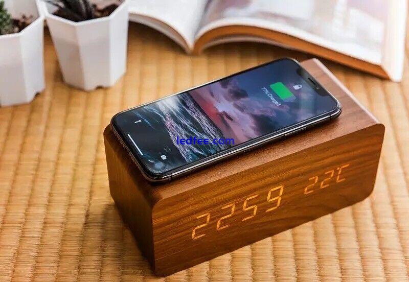 LED Wooden Digital Bedside Alarm Clock Qi Wireless Charging USB Battery 3 Alarm 3 