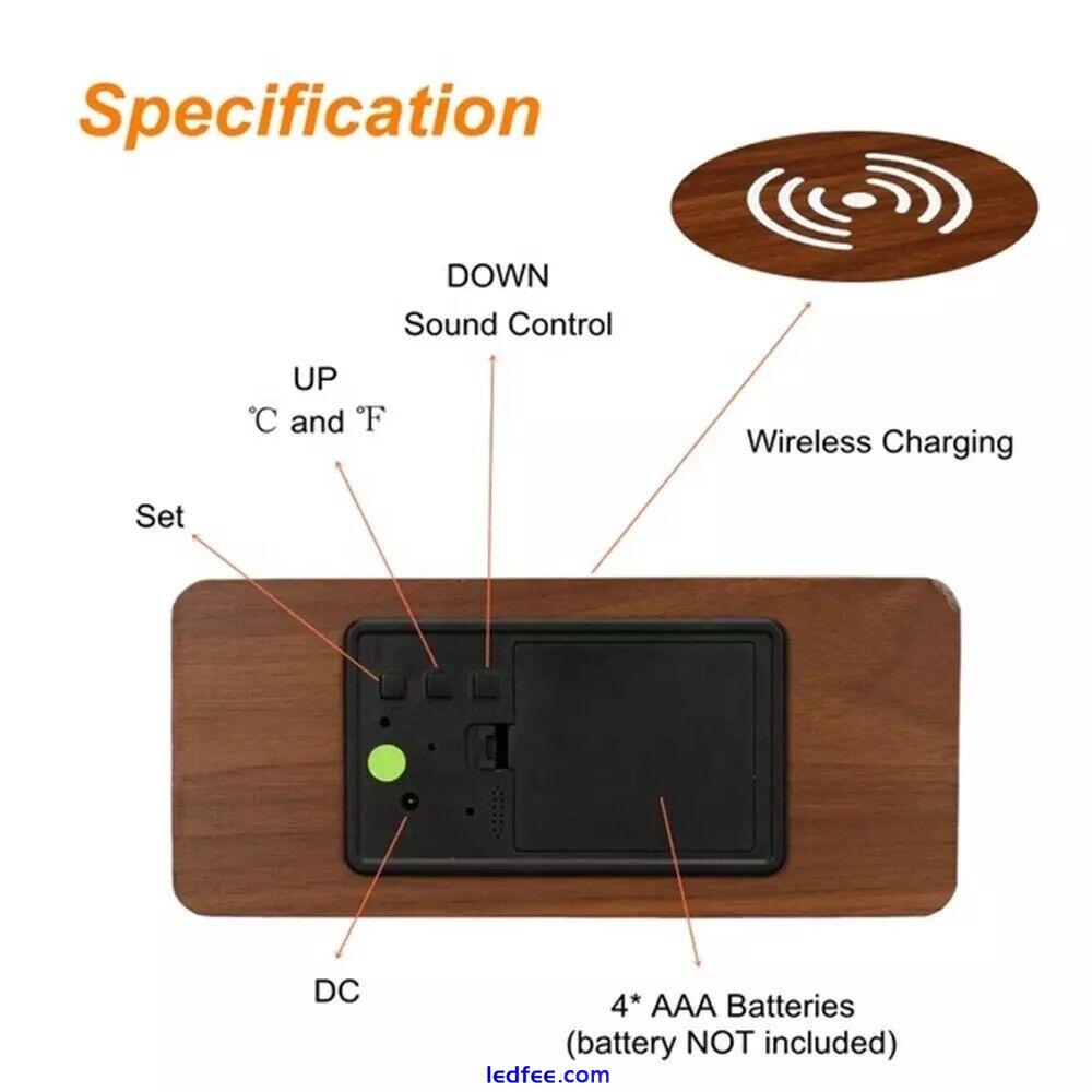 LED Wooden Digital Bedside Alarm Clock Qi Wireless Charging USB Battery 3 Alarm 2 