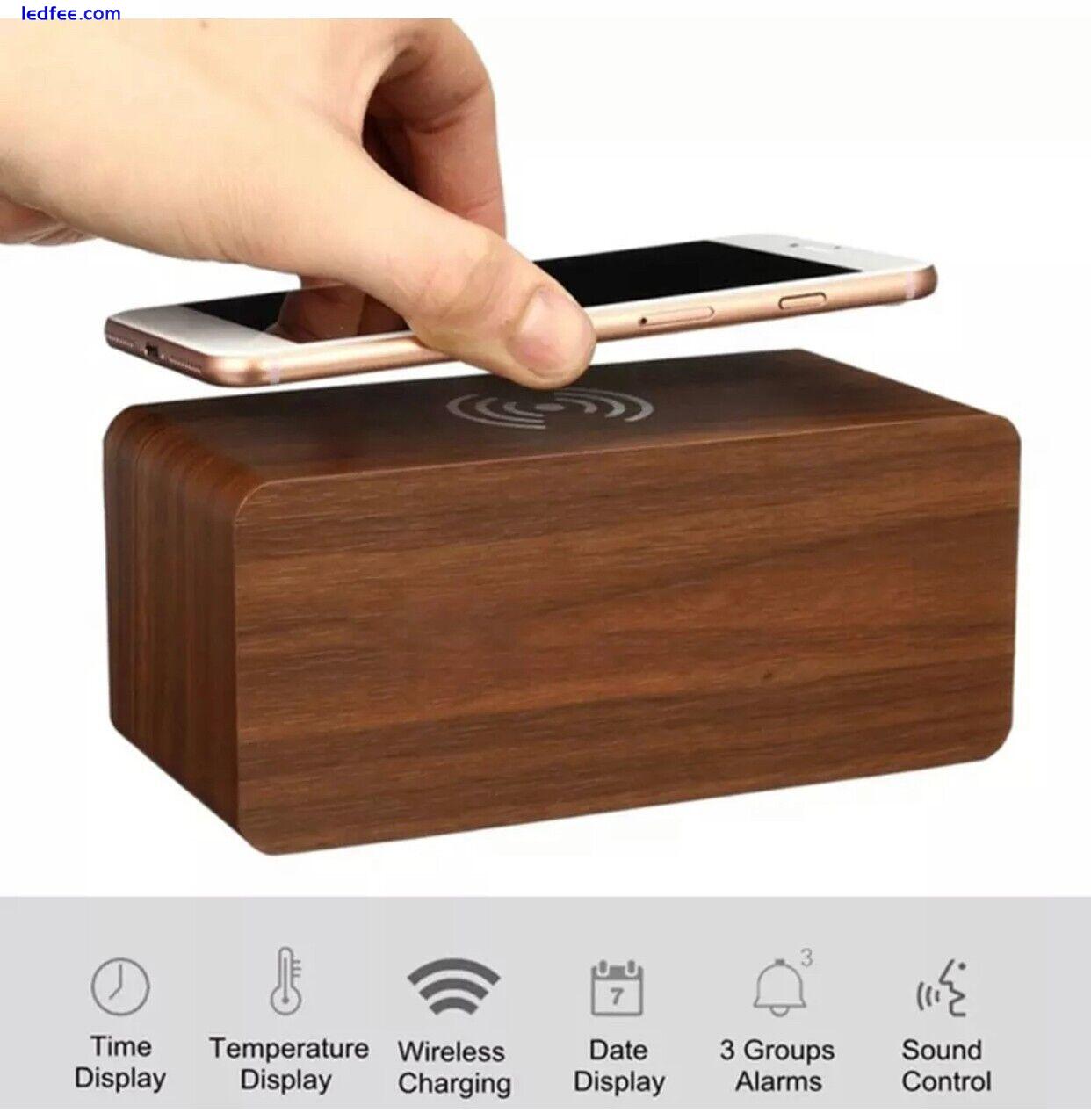 LED Wooden Digital Bedside Alarm Clock Qi Wireless Charging USB Battery 3 Alarm 4 