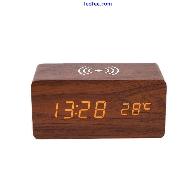 LED Wooden Digital Bedside Alarm Clock Qi Wireless Charging USB Battery 3 Alarm 0 