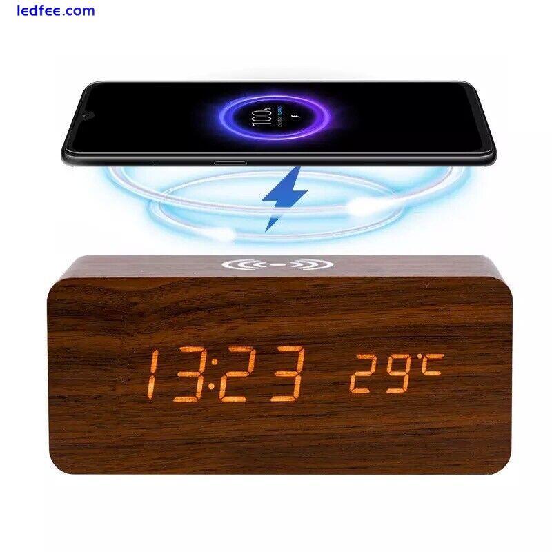 LED Wooden Digital Bedside Alarm Clock Qi Wireless Charging USB Battery 3 Alarm 1 