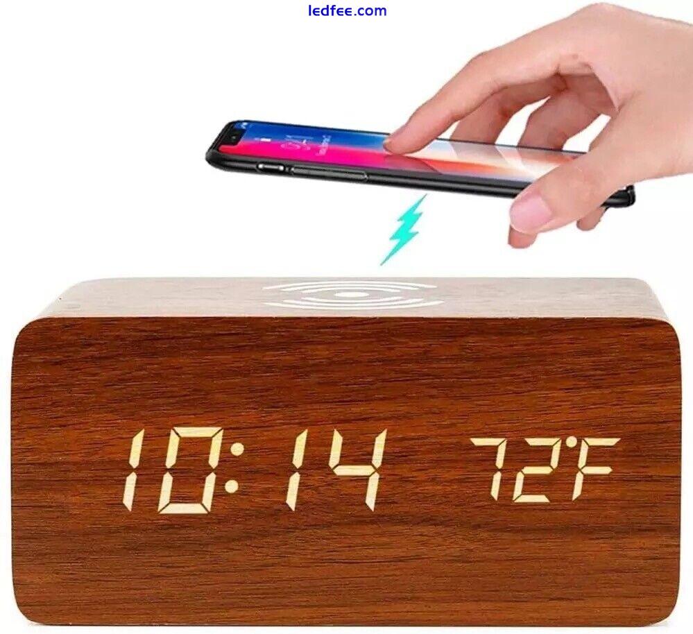 LED Wooden Digital Bedside Alarm Clock Qi Wireless Charging USB Battery 3 Alarm 5 